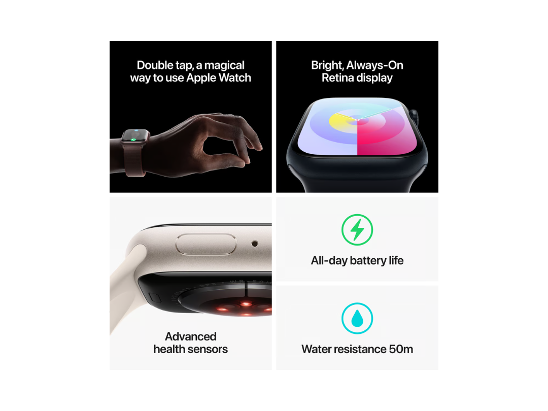ساعة Apple Watch Series 9 GPS، هيكل من الألومنيوم باللون الليلي مع حزام رياضي باللون الليلي، 45 مم، M/L، MR9A3QA/A ساعة Apple Watch Series 9 GPS، هيكل من الألومنيوم باللون الليلي مع حزام رياضي باللون الليلي، 45 مم، M/L، MR9A3QA/A